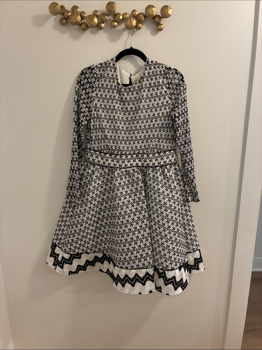 Black & White Patterned Long-Sleeve Fit-and-Flare Dress